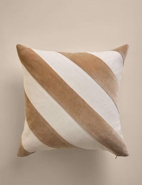 M&S Square Striped Pure Cotton Velvet Cushion in Beige