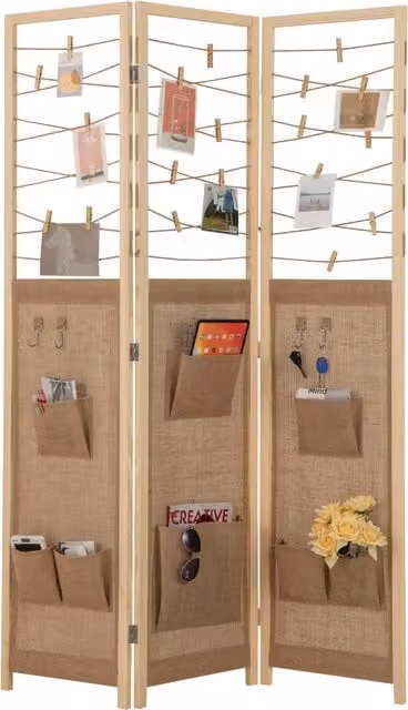 COSTWAY 3-Panel Folding Room Divider Display Stand in Rustic Brown Pine Wood