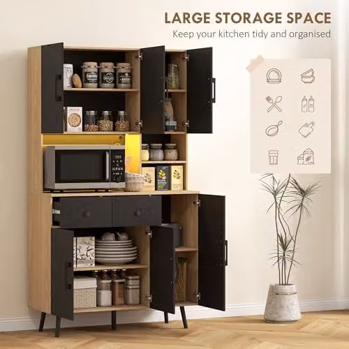 HOMCOM Modern Tall Kitchen Cupboard with RGB LED Lights, Black and Oak, H 176 x W 100 x D 40 cm – 5