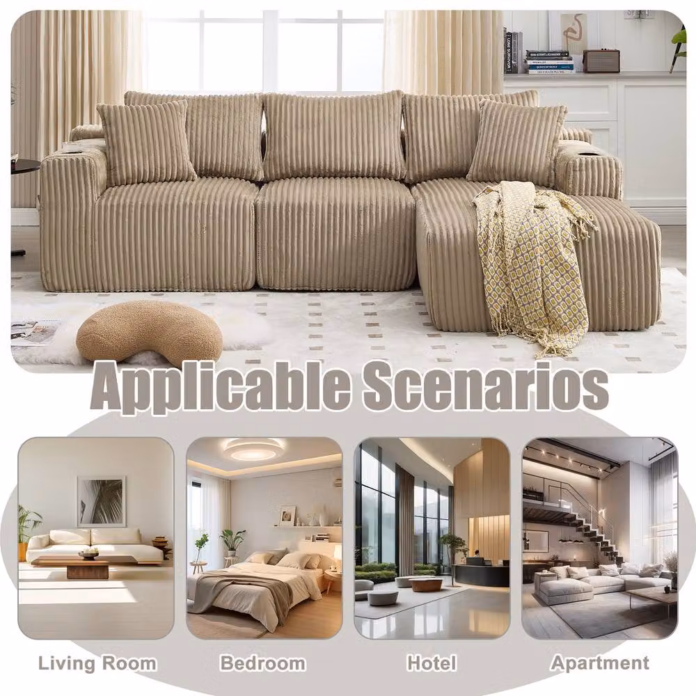 Direct Wicker L-Shaped Modular Sectional Sofa in Beige, 3 Seater Upholstered Cloud Couch with Scatter Cushions and Cup Holders – 3