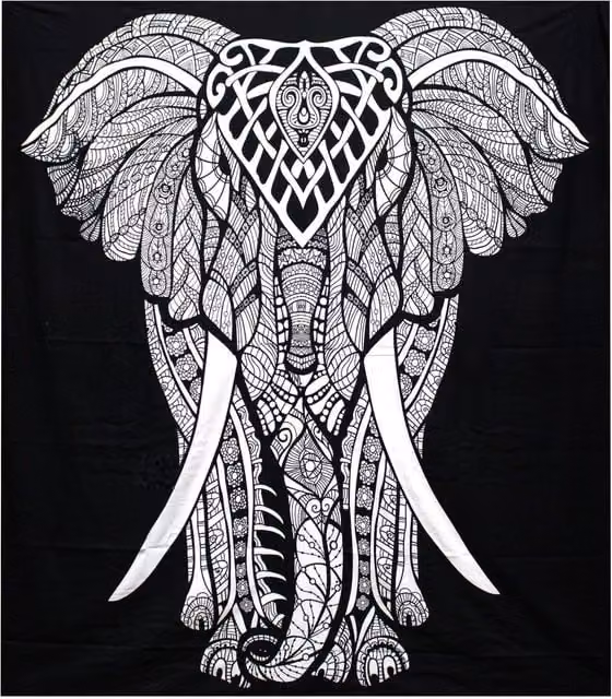 KDMK Double Cotton Elephant Bedspread and Wall Hanging in White and Black, W: 230 cm, D: 200 cm, H: 200 cm