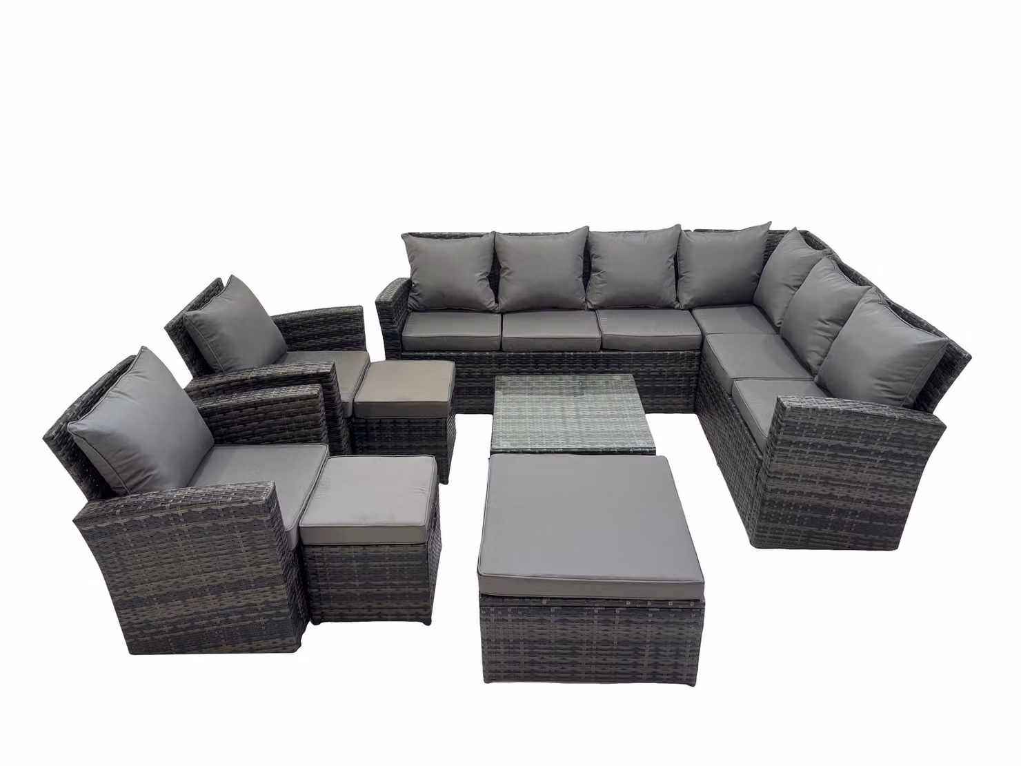 Fimous 11 Seater L-Shape Garden Furniture Set in Dark Grey with Outdoor Sofa, Coffee Table, 2 Chairs and 3 Footstools – 2