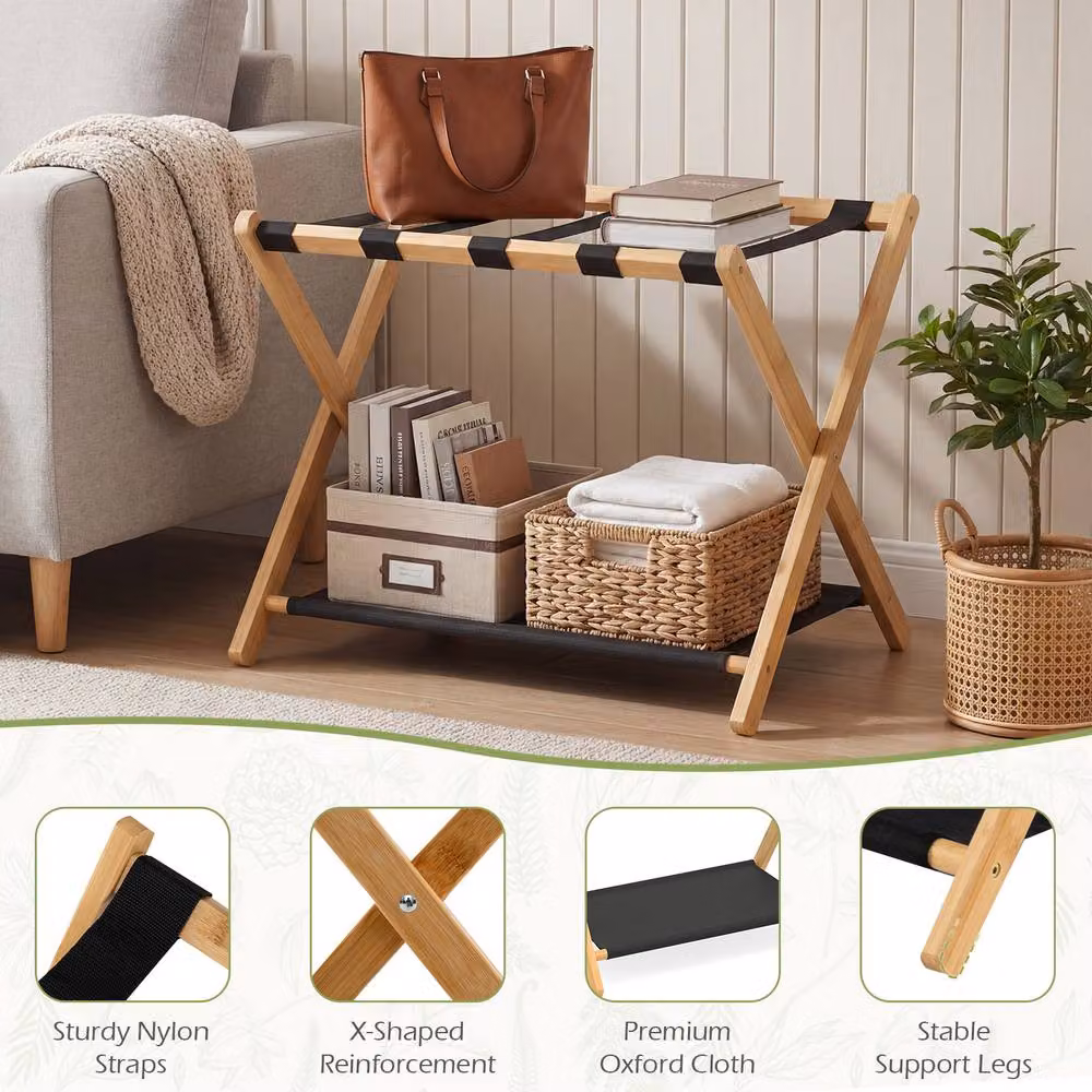 Gymax 2-Piece Bamboo Folding Luggage Racks with Storage Shelves in Brown – 5