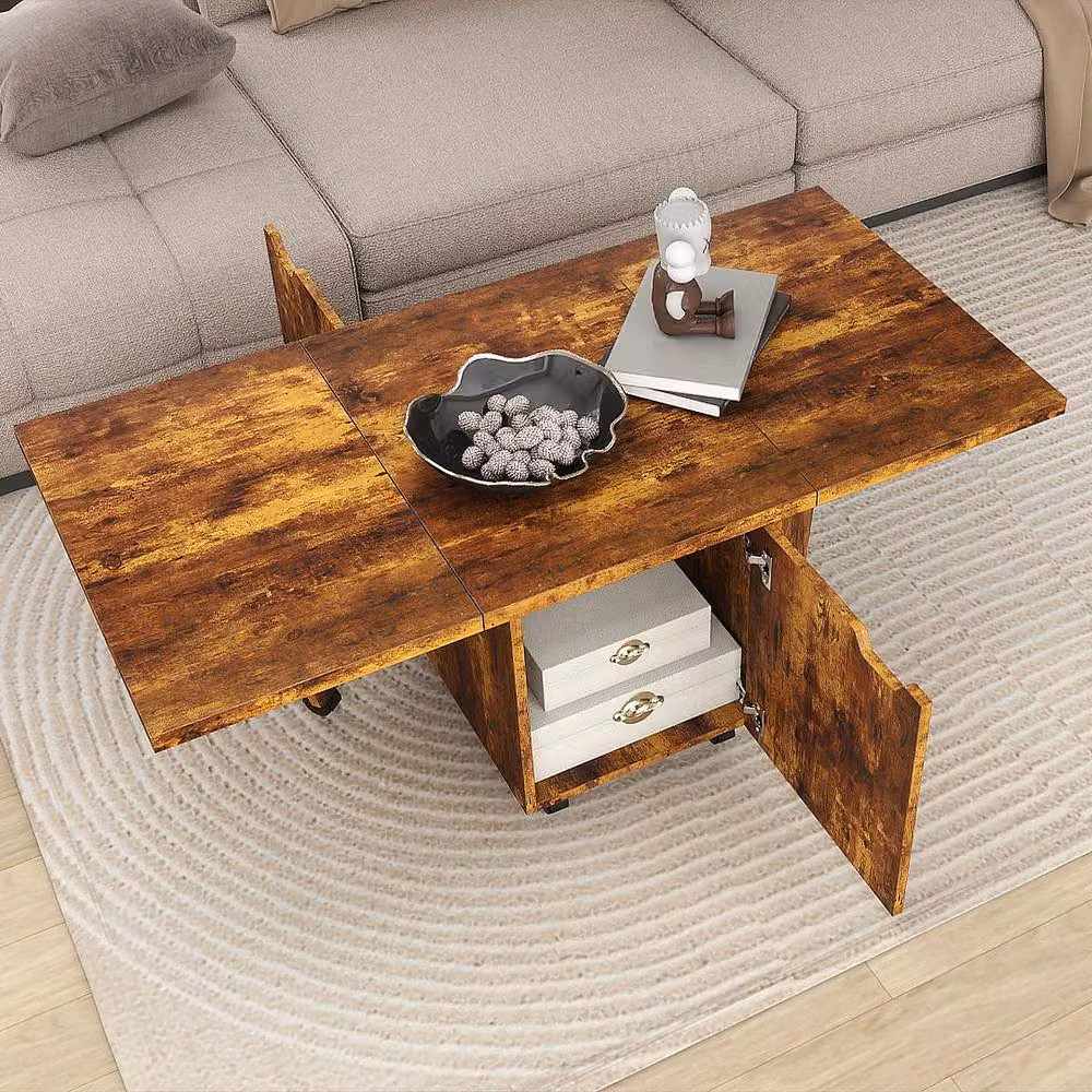 Costway Extendable Coffee Table with Storage and Castors, Walnut Brown – 8