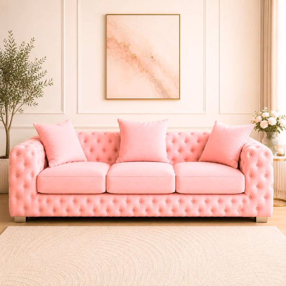 Stratus Interiors Ashley Chesterfield Scatter Back Plush Velvet Fabric Armchair in Light Pink – 2
