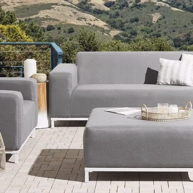 Wyld Haus Grey and White Cube Ottoman with Polyester Cushions and Powder Coated Aluminium Legs W/D/H: 83 x 36 x 36 cm – 1