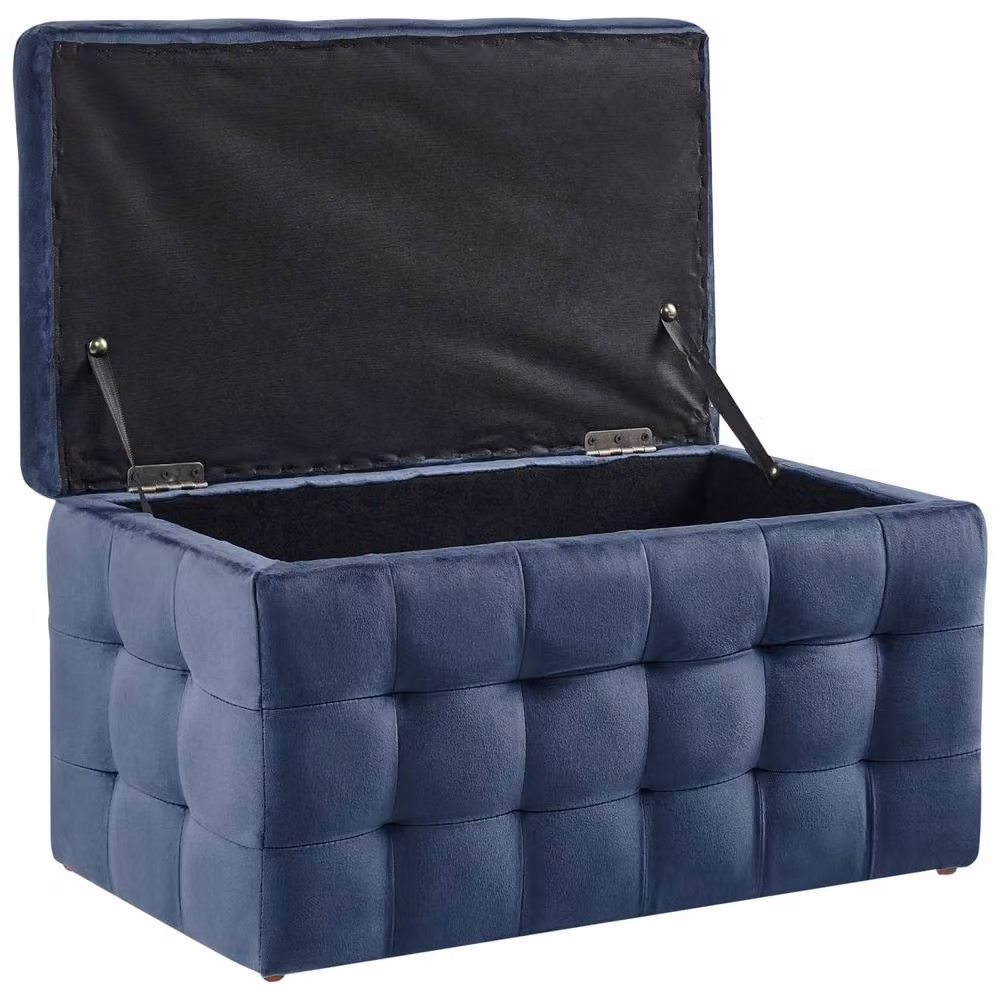 Wyld and Coco Dark Blue Velvet Tufted Storage Ottoman Bench – 4