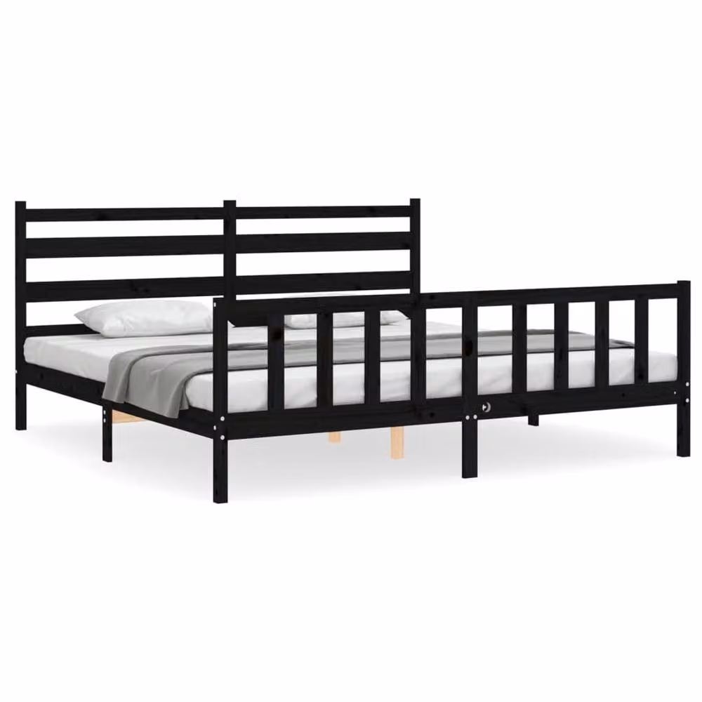 Berkfield Home Beautiful Bed Frame with Headboard in Black Solid Pine Wood, W/D/H: 200 x 200 x 205.5 cm – 3