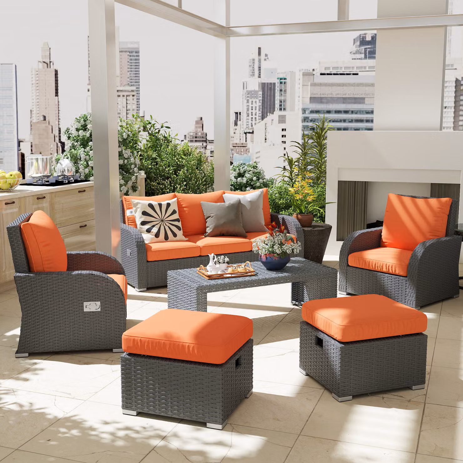 Outsunny 6-Piece Rattan Wicker Patio Furniture Set with 3-Seater Sofa, 2 Armchairs, 2 Ottomans and Coffee Table – 2