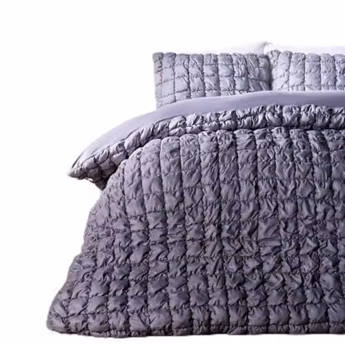 OHS Grey Seersucker King Size Duvet Cover and Pillowcase Set, W/D/H: 180 x 200 cm with 50 x 75 cm Pillowcases