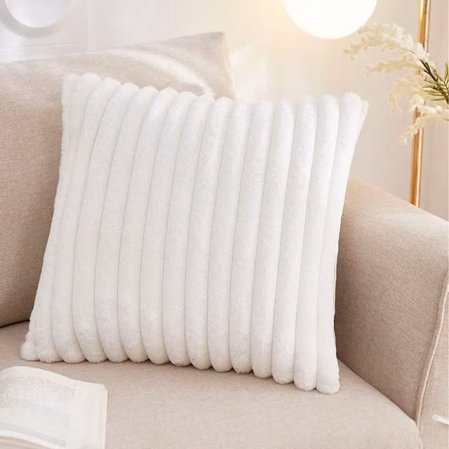 Lifeideas White Striped Plush Square Sofa Throw Pillow with Removable Cover