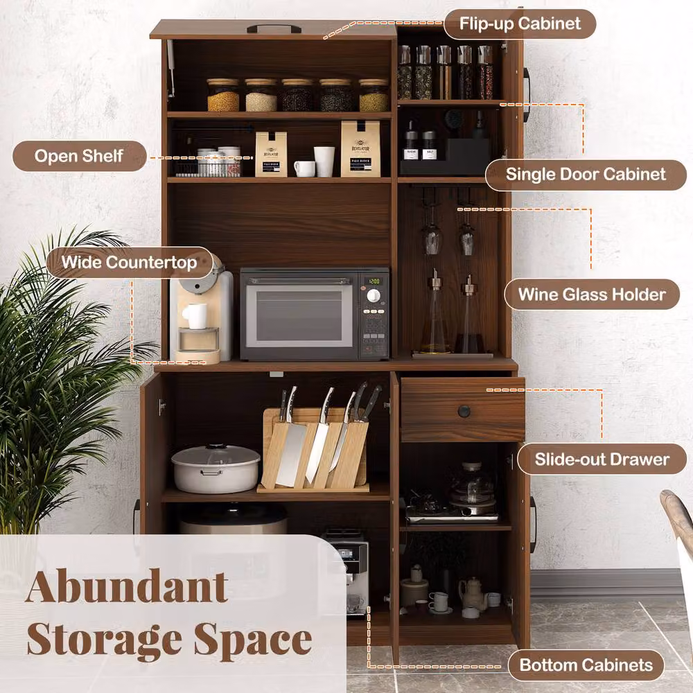 Gymax Tall Pantry Kitchen Storage Cabinet with Power Outlets in Walnut – 5