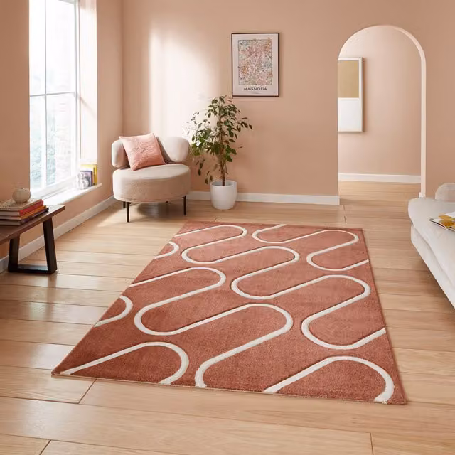 Catherine Lansfield Linear Curve Modern Geometric Rectangular Rug in Orange Terracotta