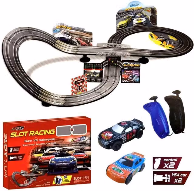 Rexco 1:64 Scale Electric Remote Control Slot Car Racing Track Set in Black and Multicolour