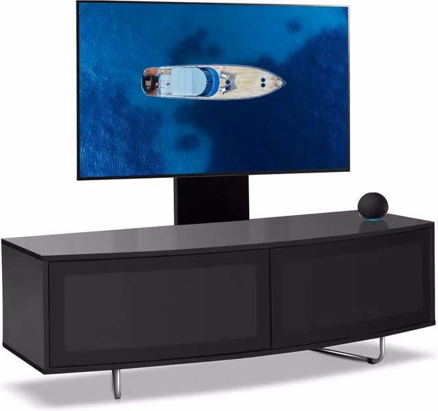 Centurion Supports CARU D-Shape Black Glossy Flat Screen TV Cabinet with Mounting Arm for 32-65 inch TVs, W/D/H: 120 x 39 x 43 cm