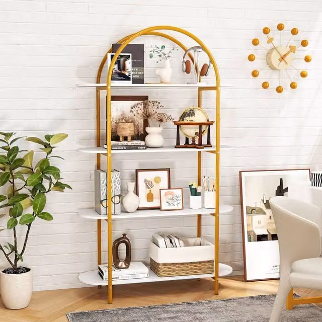 Gymax 4-Tier Arched Metal Frame Open Bookshelf Display Organizer in White