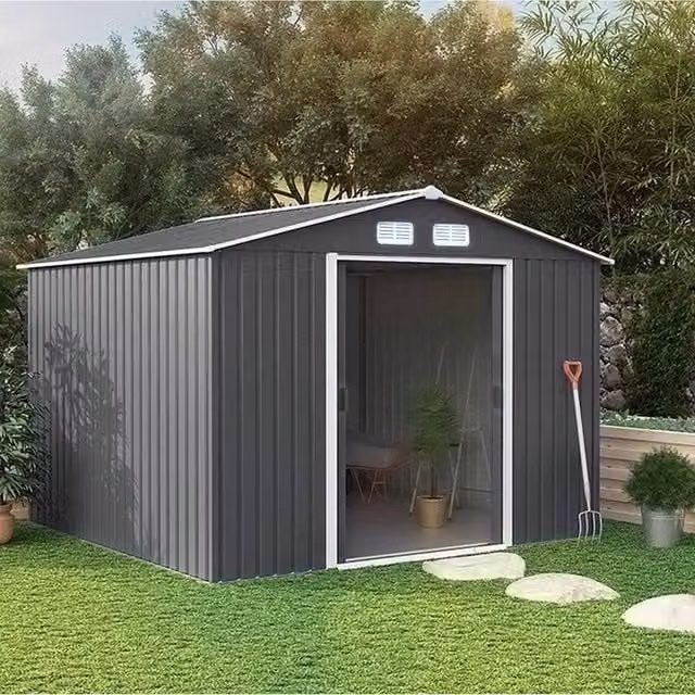 FORGEVIO Black Galvanised Steel Garden Storage Shed with Double Doors, W: 243.84 cm, D: 259.0 cm, H: 178.0 cm – 1