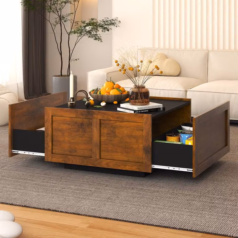 KEEPREAPER Mid-Century Brown Square Farmhouse Coffee Table with 2 Storage Drawers