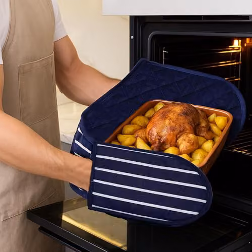 Premier Housewares Blue and White Striped Cotton Double Oven Gloves – 5