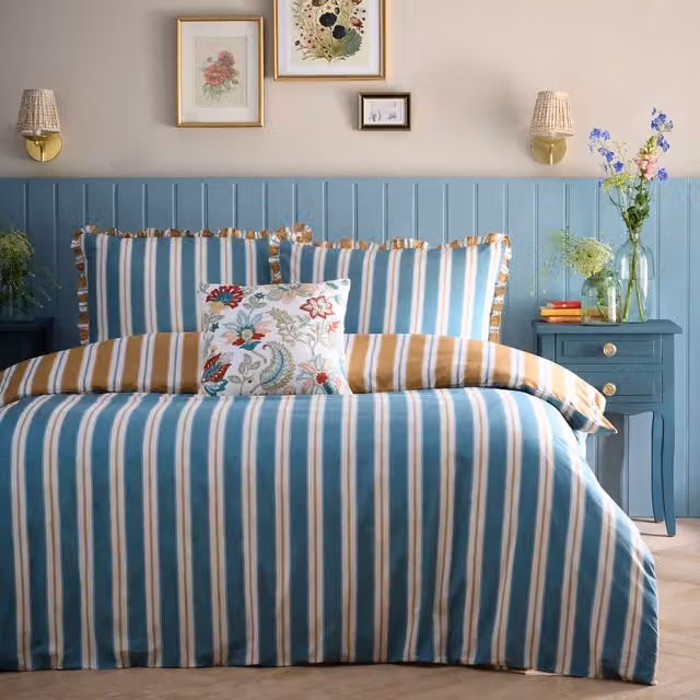 Appletree Eloise Reversible Striped Cotton Duvet Cover and Pillowcase Set in Petrol Teal