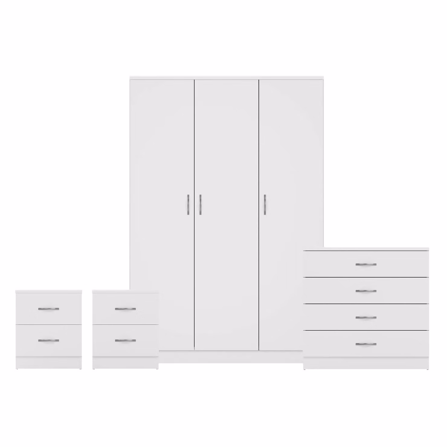 Vida Designs 4 Piece Modern White Bedroom Set Including 2 Bedside Tables, 4 Drawer Chest and 3 Door Wardrobe – 2