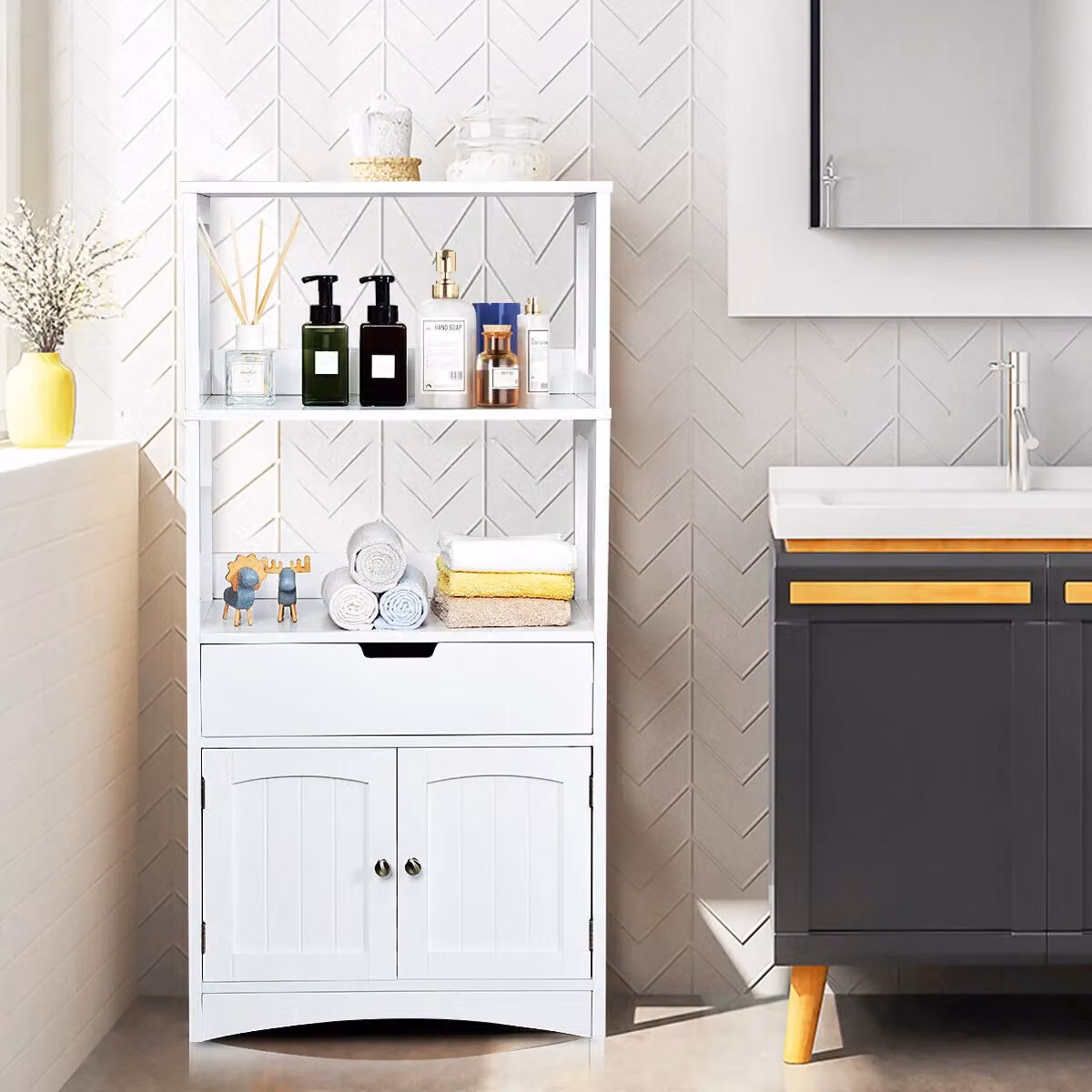 Costway White Wooden Tall Bathroom Floor Cabinet with 2 Open Shelves and Internal Storage – 2