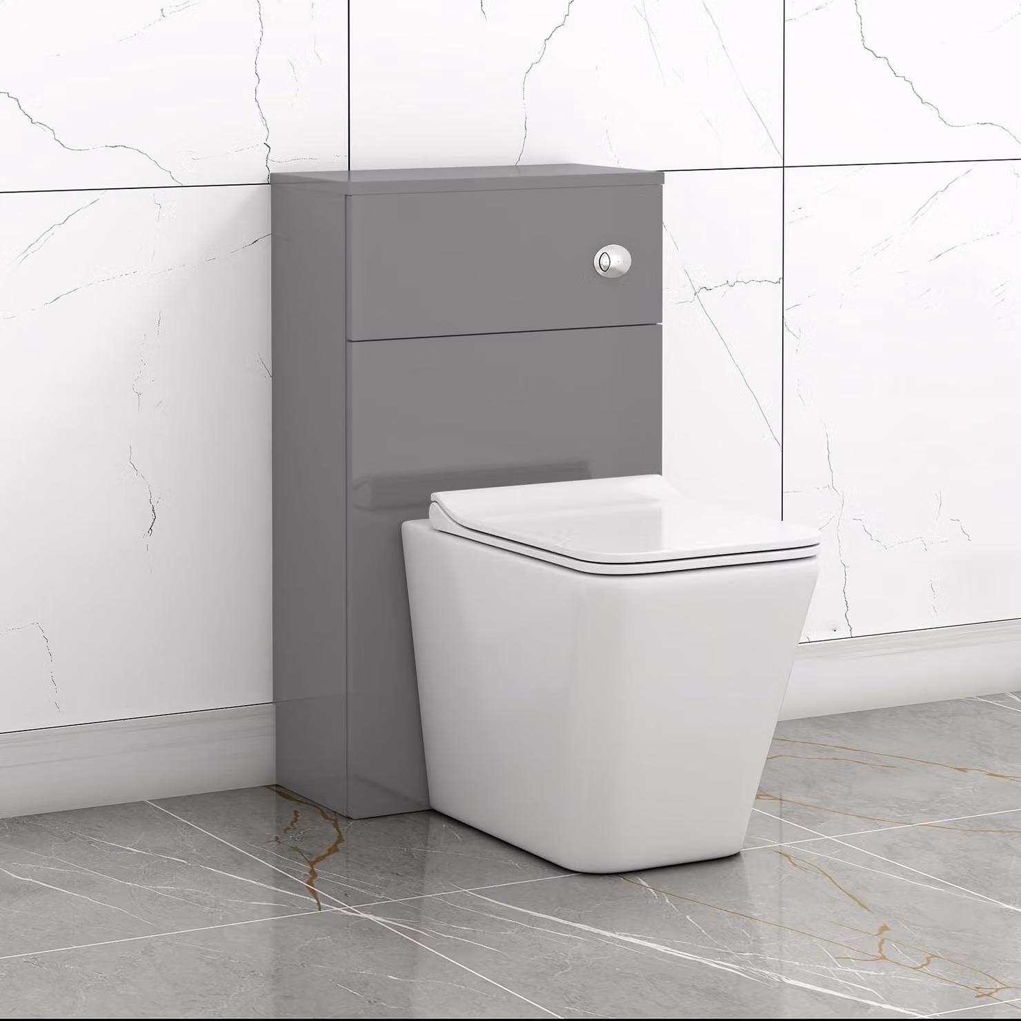 Royal Bathrooms Grey Gloss 500mm Wall Mounted WC Toilet Unit with Elena Rimless White Ceramic BTW Pan, Soft Close Seat and Cistern