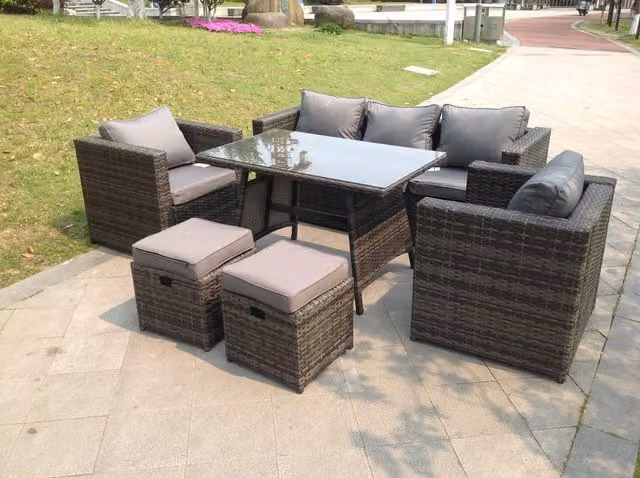 Fimous 7 Seater Rattan Garden Dining Set with Rectangular Table and 2 Footstools in Dark Grey