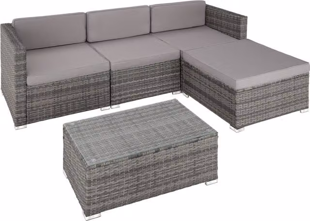 tectake Florence L-Shape Rattan Garden Furniture Set with Coffee Table and Cushions in Grey