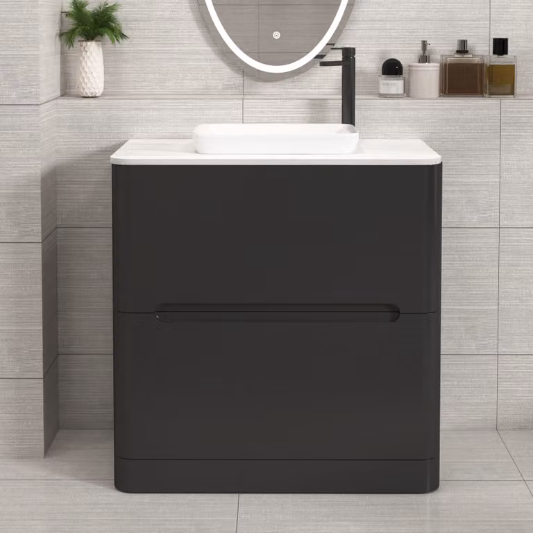 Royal Bathrooms Venice 800mm Matt Nocturne Black Floor Standing 2 Drawer Vanity Unit with Qubix Basin