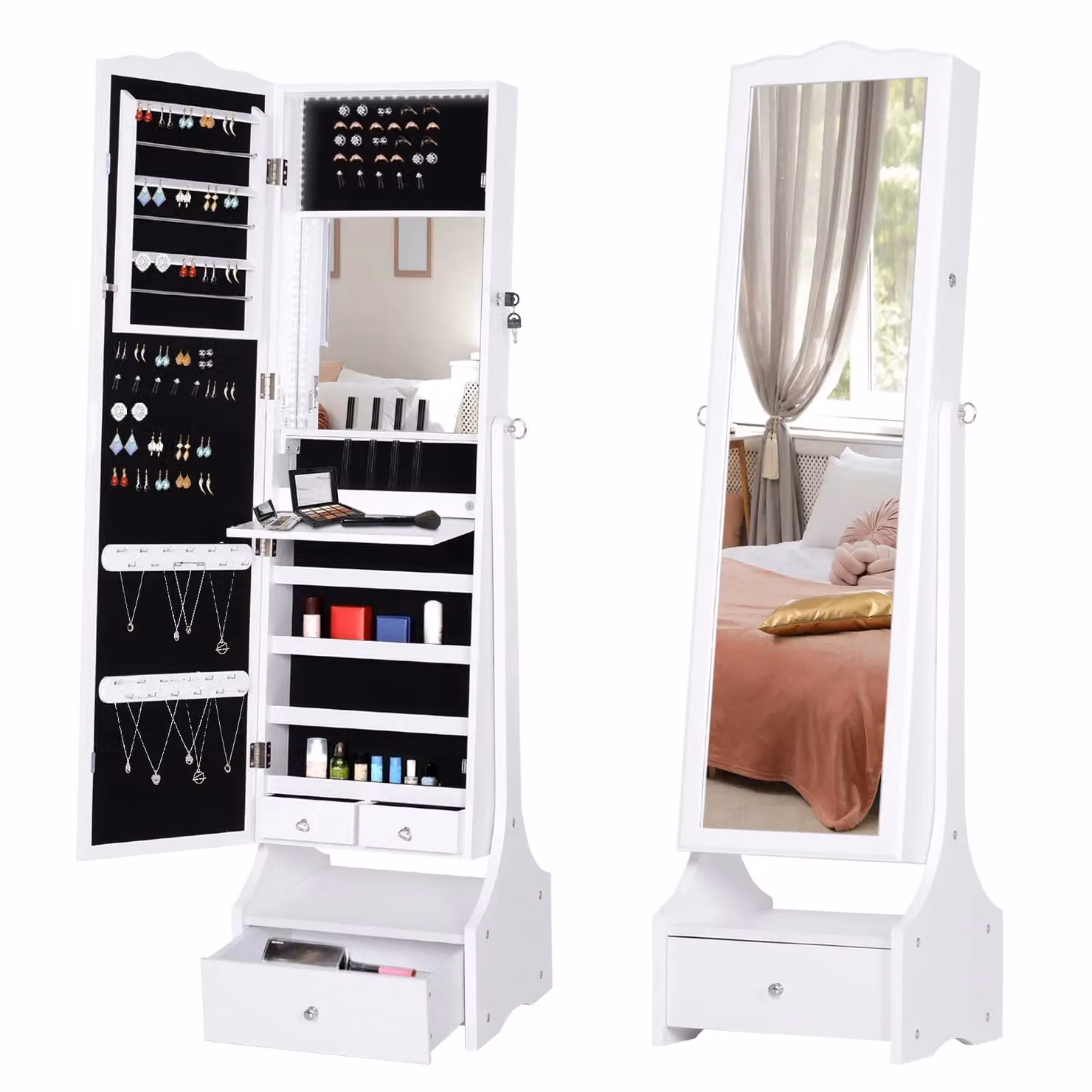 HOMCOM White Glossy LED Long Mirrored Jewelry Cabinet Armoire Floor Standing Organizer – 2