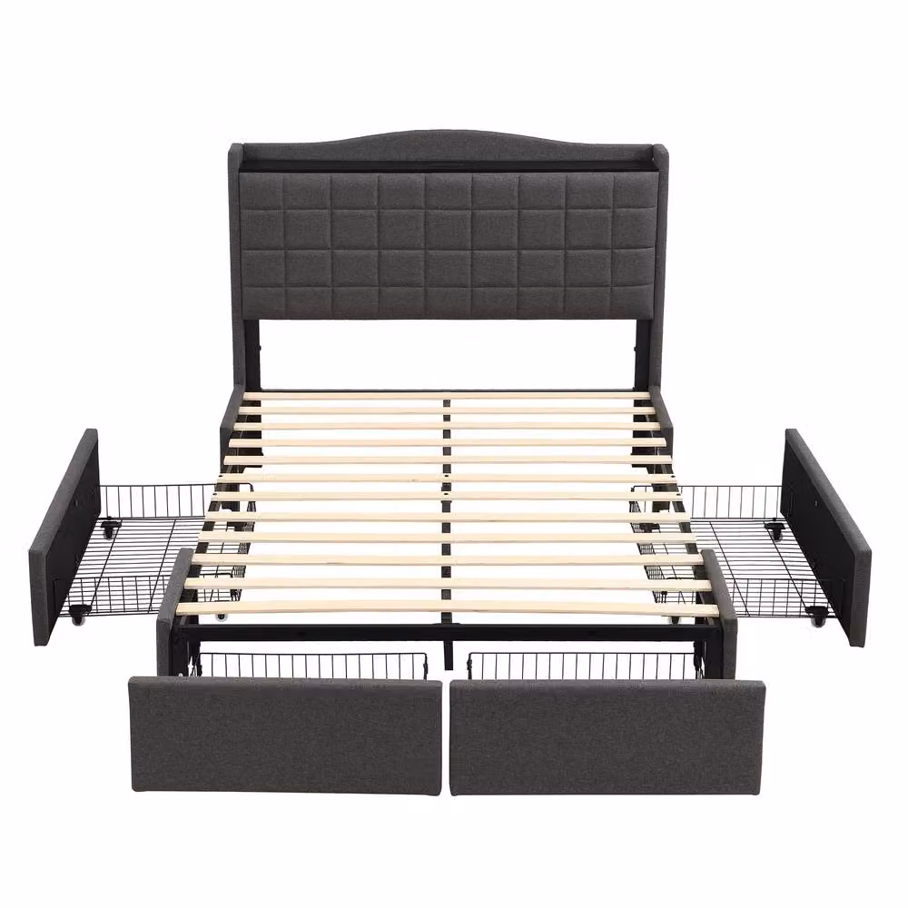 Merax Grey Linen Upholstered Double Storage Bed with 4 Drawers and USB Charging Station W: 135 cm, D: 190 cm, H: 111 cm – 5
