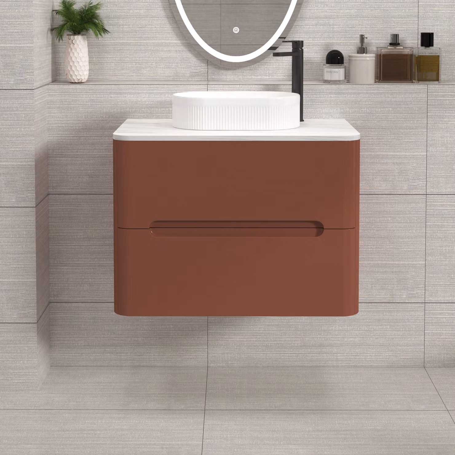 Royal Bathrooms Venice Terracotta Clay Wall Hung 2 Drawer Vanity Unit with Carrara White Undrilled Worktop