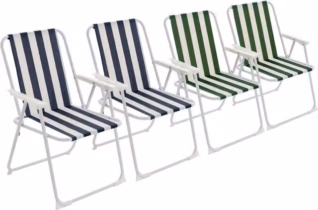 Harbour Housewares Pack of 4 Folding Metal Beach Chairs with Armrests in Blue and Green Maritime Stripe