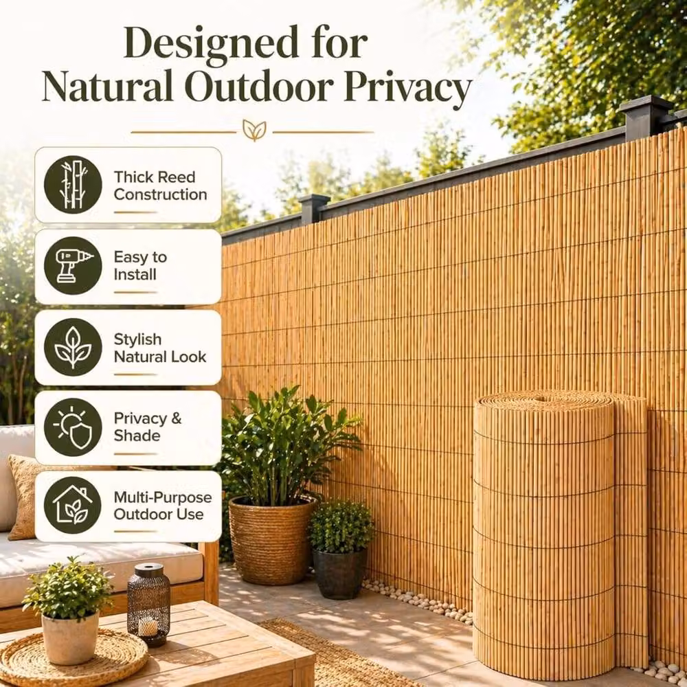 VOGREX Woven Bamboo Reed Garden Fence Panel, Beige, W: 300 cm, H: 120 cm – 3