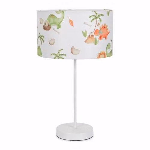 ValueLights White Metal Single Stem Table Lamp with Kids Dino Drum Lampshade and Included LED Bulb