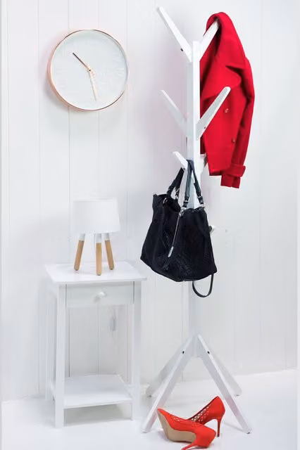 Elegant Brands White Wooden Scandinavian Style Freestanding Coat and Hat Tree with 8 Hooks