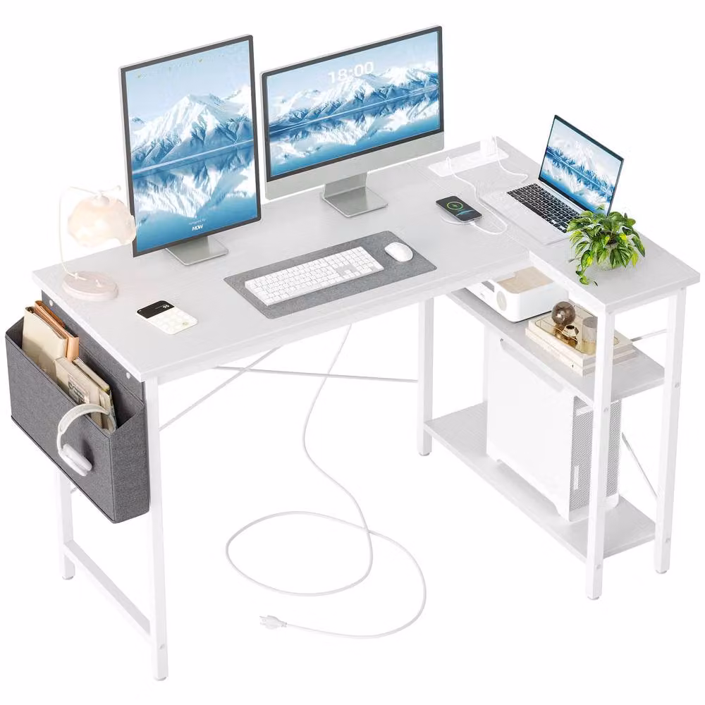 BEXEVUE White L-Shaped Gaming Desk with Power Outlets and Reversible Shelves, W: 120 cm, D: 70 cm – 2