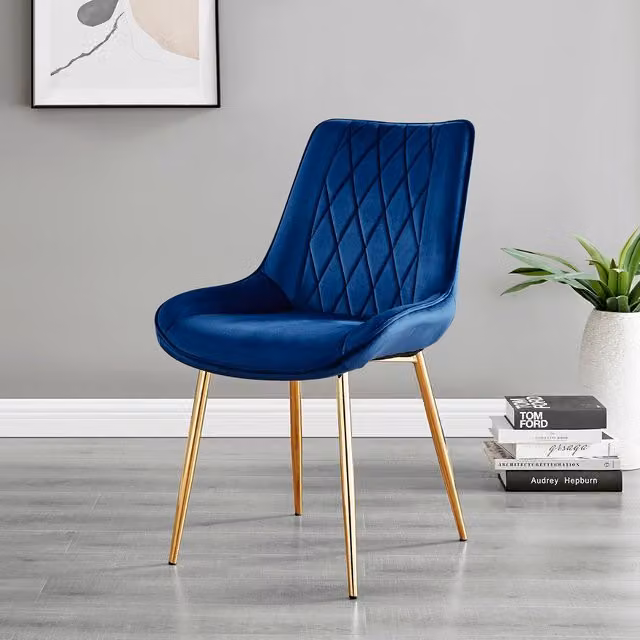 FurnitureboxUK Novara Gold Round Glass Dining Table and 4 Pesaro Gold Leg Velvet Chairs in Navy Blue