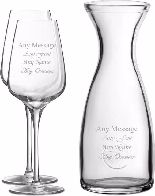 Uniqueful Personalised Engraved Set of 2 Wine Glasses and 1 Litre Carafe in Clear Glass
