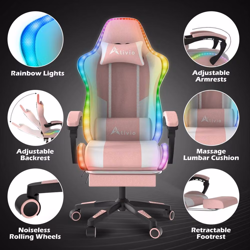 Alivio Wireless RGB LED Gaming Chair with App Control and Massage Lumbar Cushion in Pink – 5