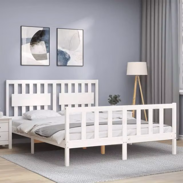 Berkfield Home Beautiful Bed Frame with Headboard in White Solid Pine Wood, W/D/H: 160 x 200 x 165.5 cm