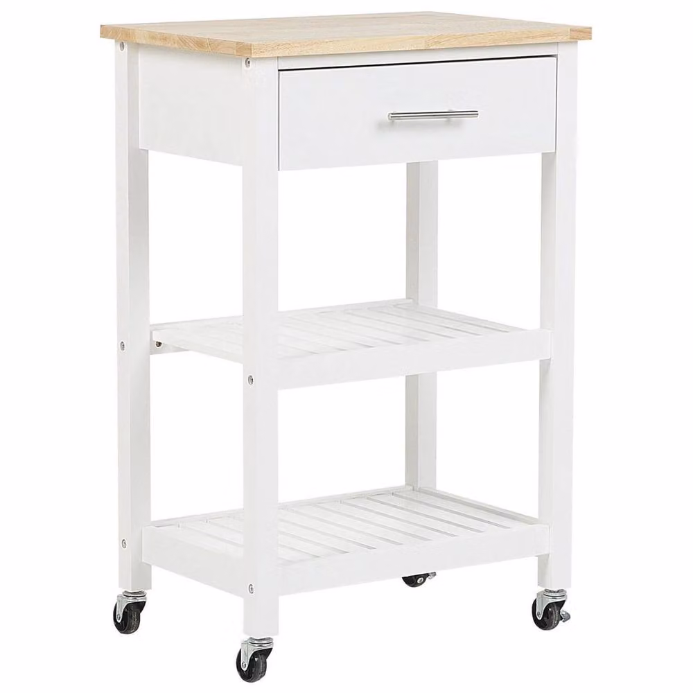 Wyld and Coco White Scandinavian Kitchen Trolley with 3 Shelves and Drawer, Rubberwood and Pine, W/D/H: 58 x 40 x 85 cm – 2