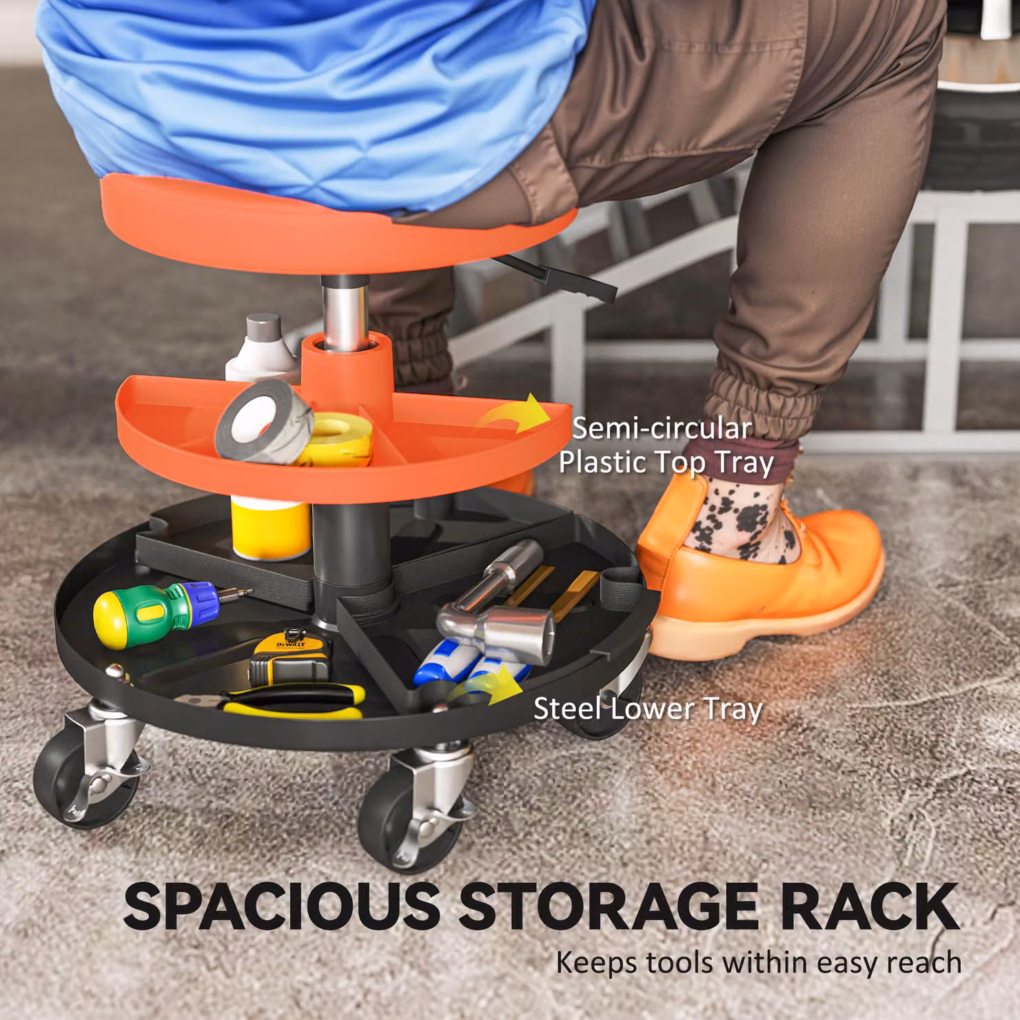 HOMCOM Rolling Mechanic Stool in Yellow with 360 Degree Swivel, Castors and Tool Tray Storage – 7