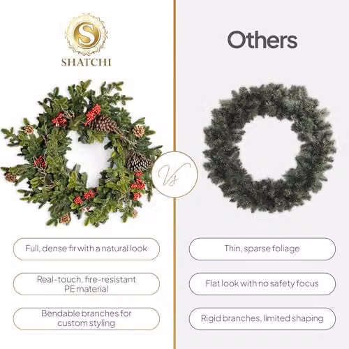 SHATCHI Artificial Fir Christmas Wreath in Green and Red with Real Touch Pine Needles, Berries and Pine Cones, Diameter: 80 cm – 7