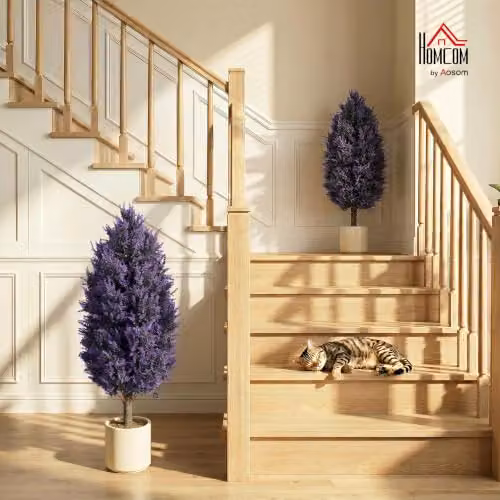 HOMCOM Set of 2 Artificial Lavender Flowers in Blue and Purple with Stakes, Height: 90 cm – 2