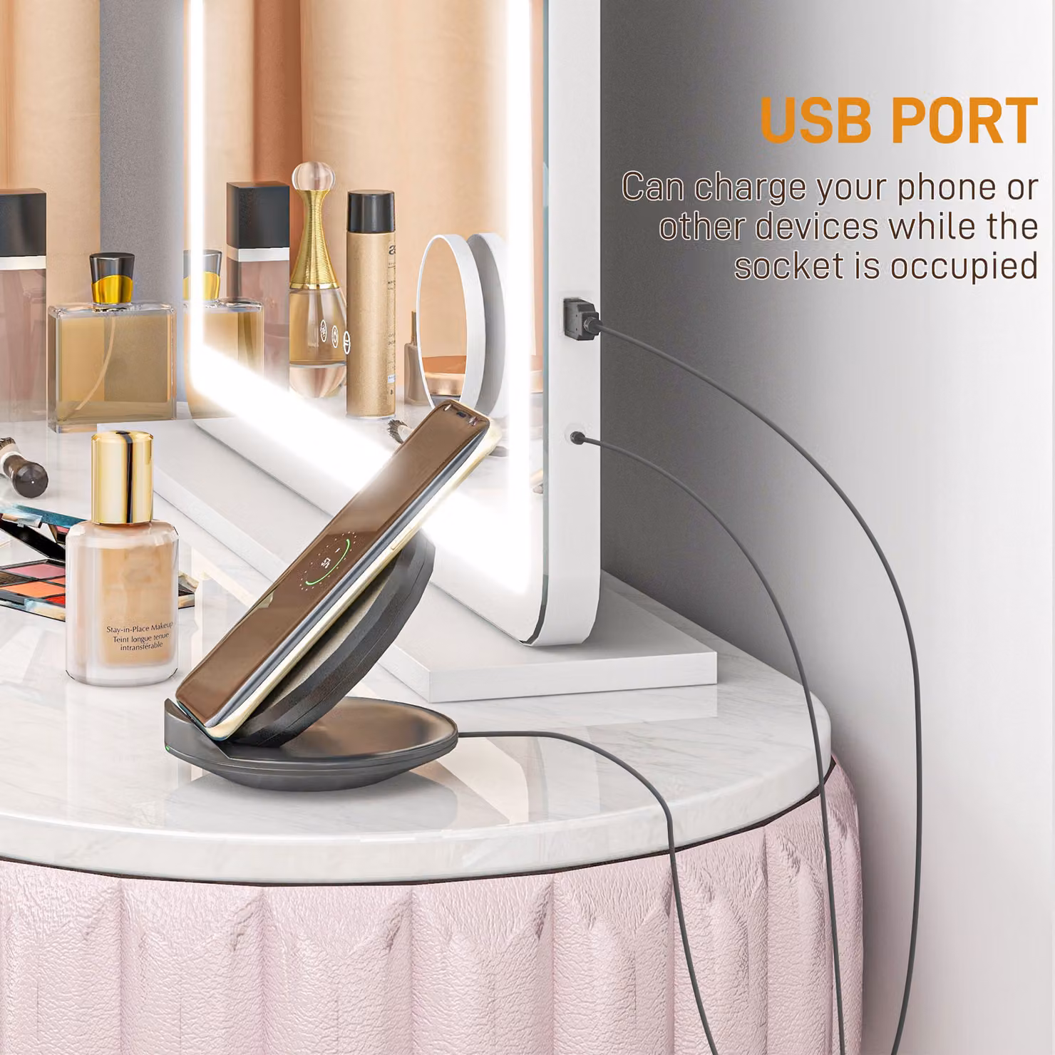 HOMCOM White LED Vanity Mirror with 3 Colour Lighting Modes, Dimmable Touch Screen and USB Charging Port, Tabletop or Wall Mounted Design, W/D/H: 80 x 62 x 14 cm – 3