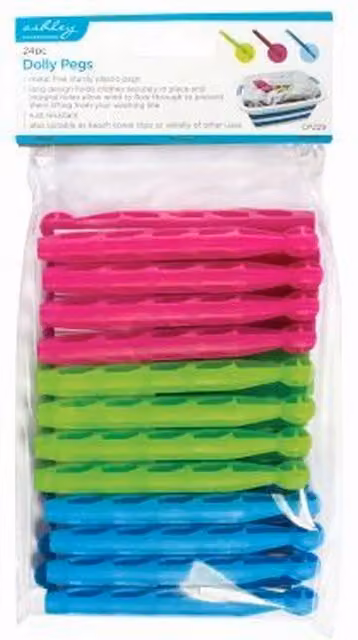 Ashley Plastic Dolly Clothes Pegs, Multicolour, Pack of 24