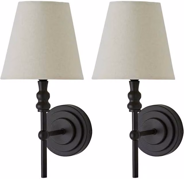 ValueLights Maggie Pair of Black Metal Wall Lights with Fabric Cone Shades and Bulbs – 1