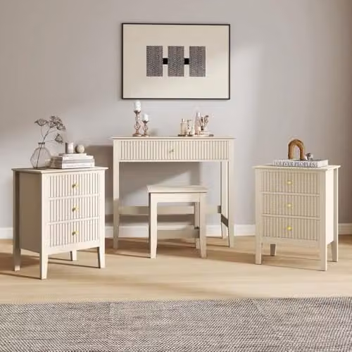Melody Maison Hales Taupe Range Dressing Table, Stool and Pair of 3-Drawer Bedside Tables in Beige